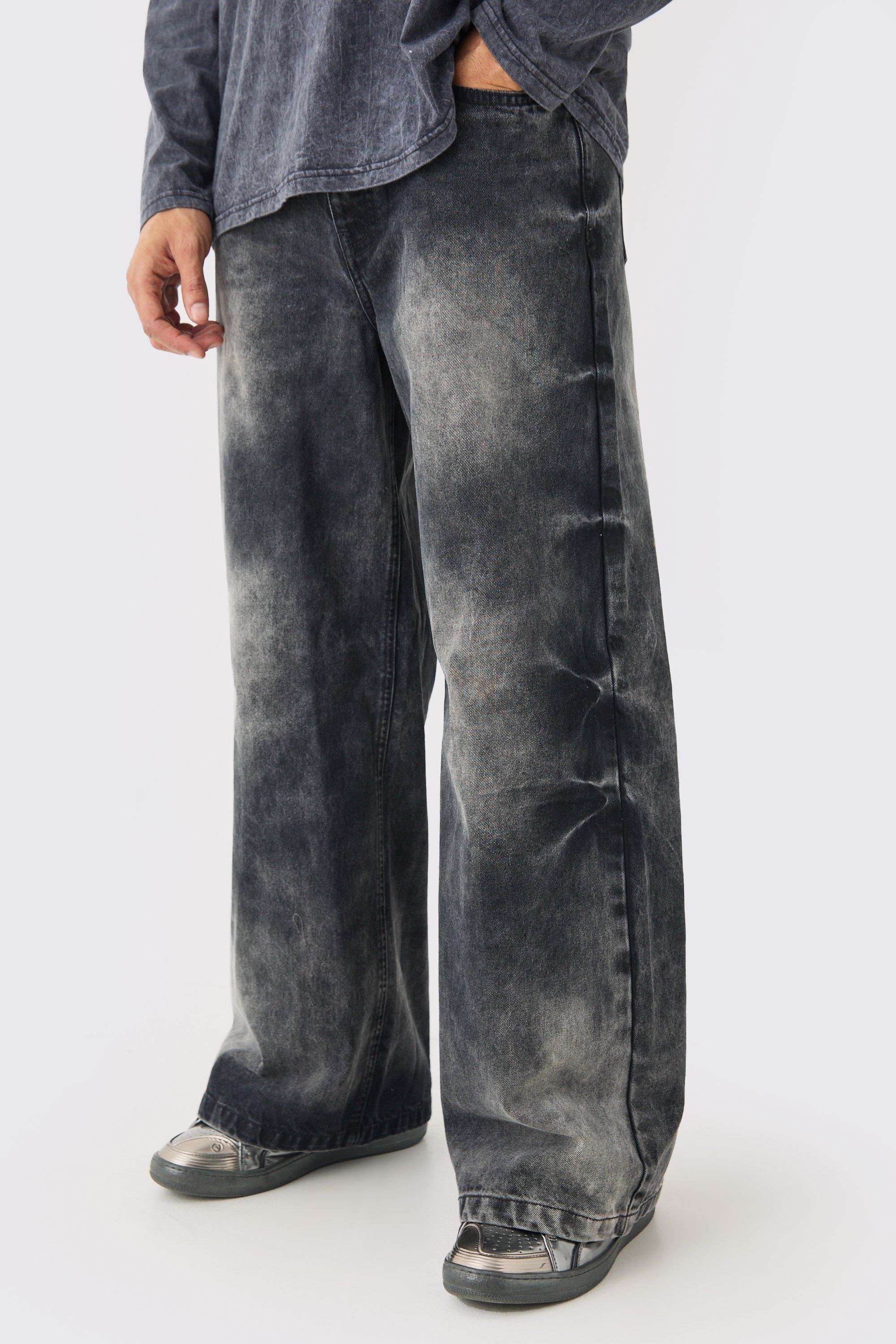 Mens Extreme Baggy Acid Wash Jeans In Washed Black, Black